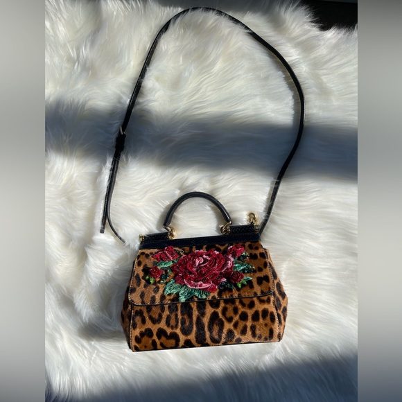 DOLCE & GABBANA Sicily Leopard Roses Pony-hair Bag  W Sequin Embroidery - Picture 4 of 15